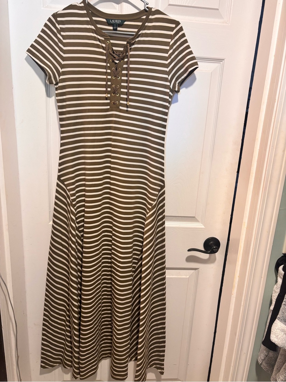 Lauren Ralph Lauren Olive & White Stripe Lace-Up Dress